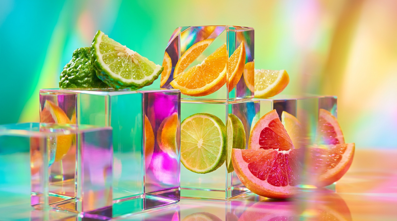 A vibrant arrangement of citrus fruits and elegant perfume bottles