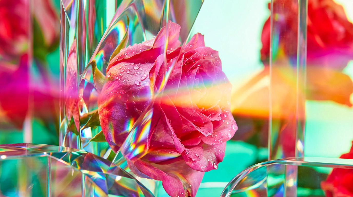 A fresh rose covered in morning dew droplets in a soft focused garden