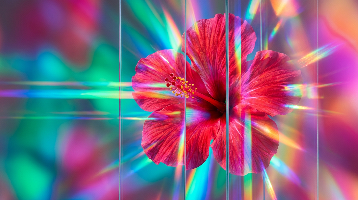 Tropical hibiscus flowers and luxury perfume bottles on a beach