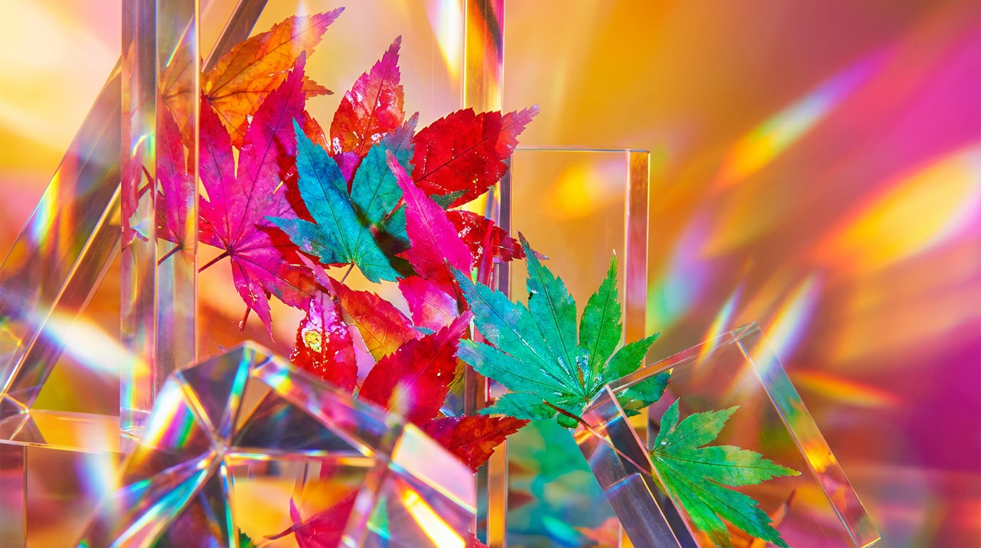 An atmospheric autumn scene with golden leaves and a bottle of luxury perfume