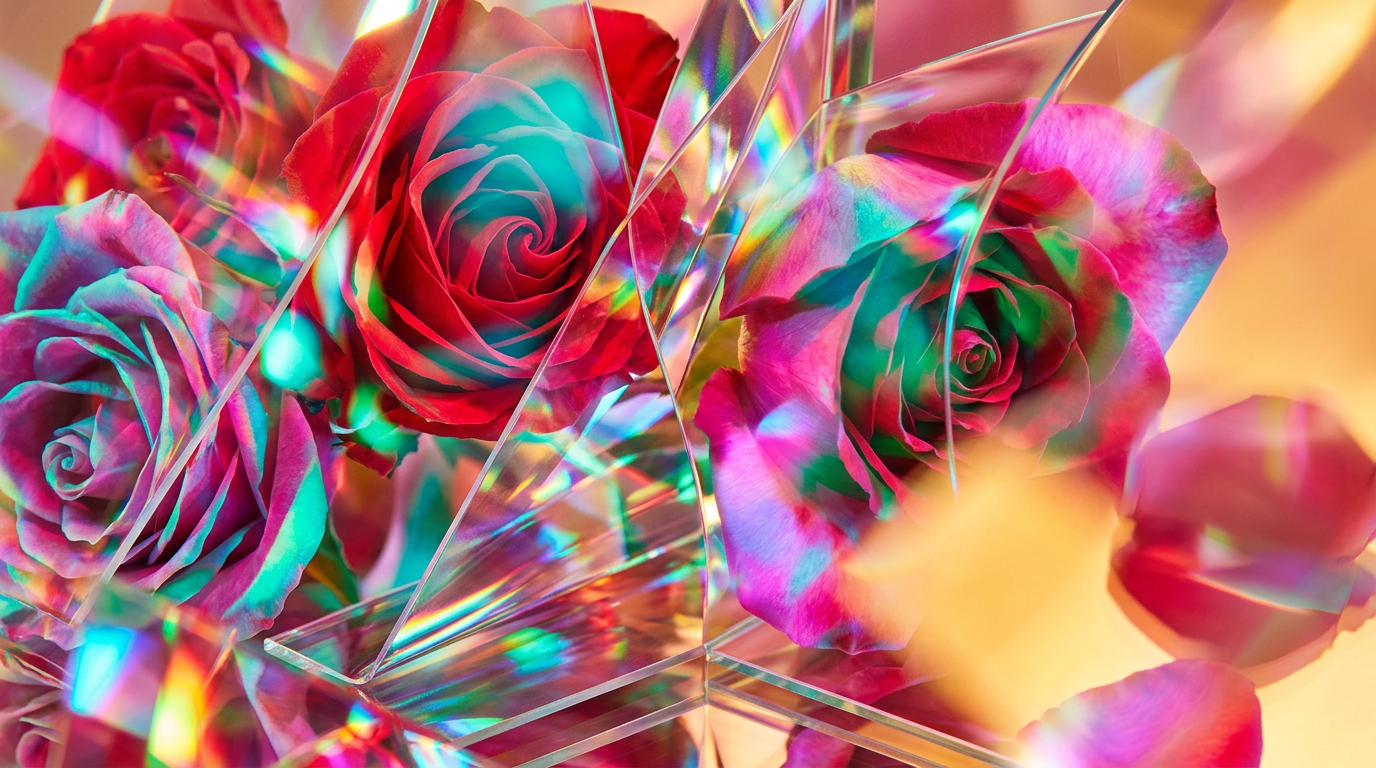Comparative flat lay of luxury rose perfumes on a wooden vanity