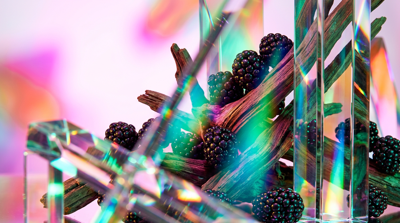 Blackberry Woods and natural fragrance notes on a wooden background