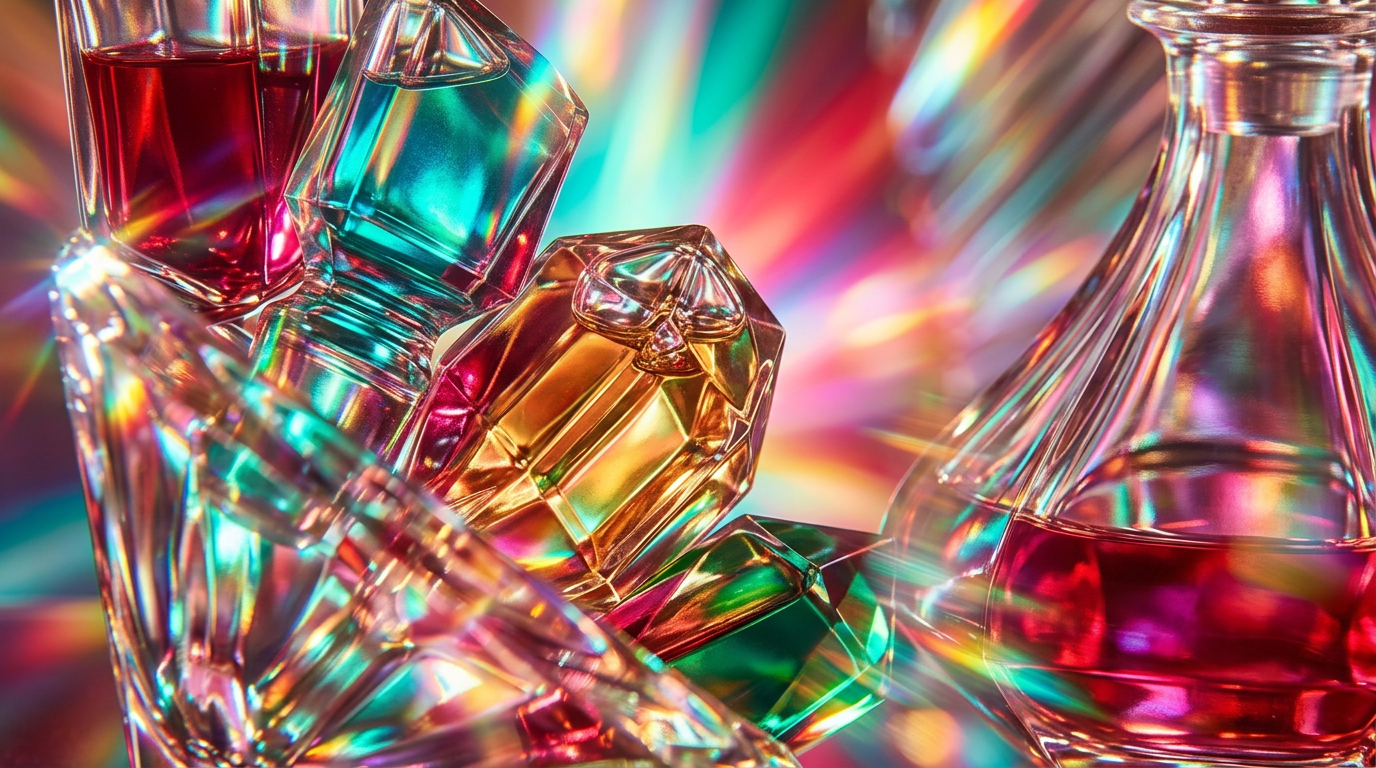 Romantic dinner table with candles and perfume bottle