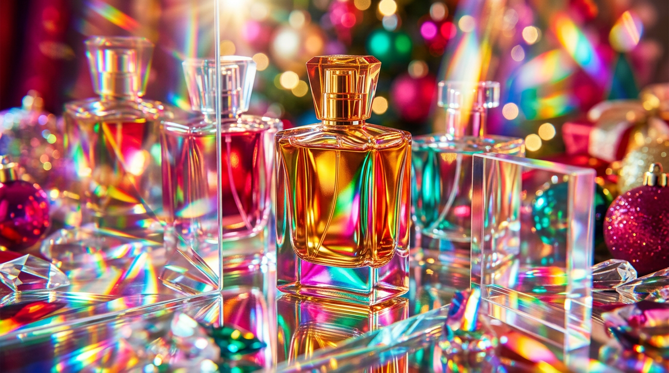 Festive perfume bottles arranged on a holiday table