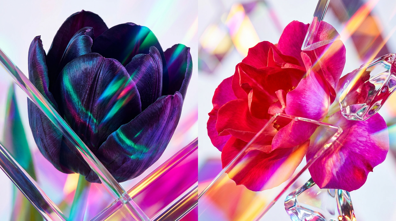 Black Tulip and Wild Roses perfume bottles side by side in an elegant setting