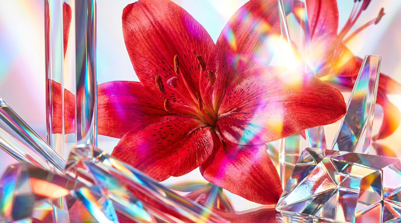 A vibrant scarlet lily in a dark, moody setting representing sophisticated perfumery