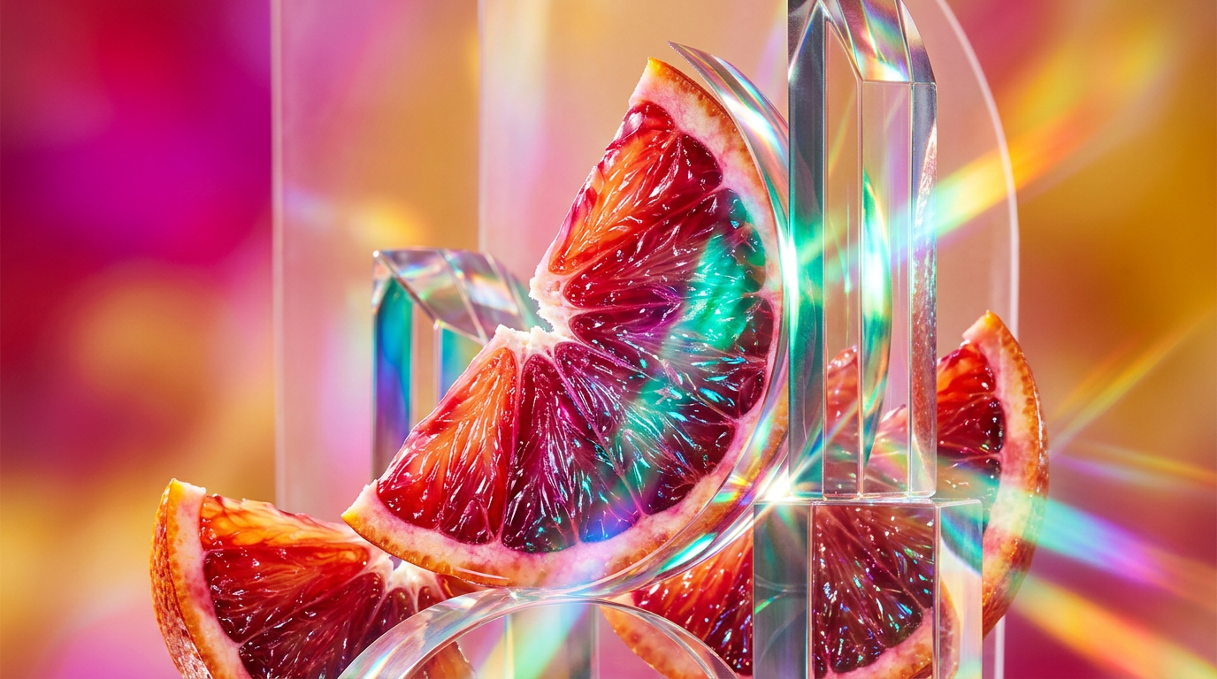 A vibrant arrangement of sliced blood oranges and perfume bottles in a sunlit setting