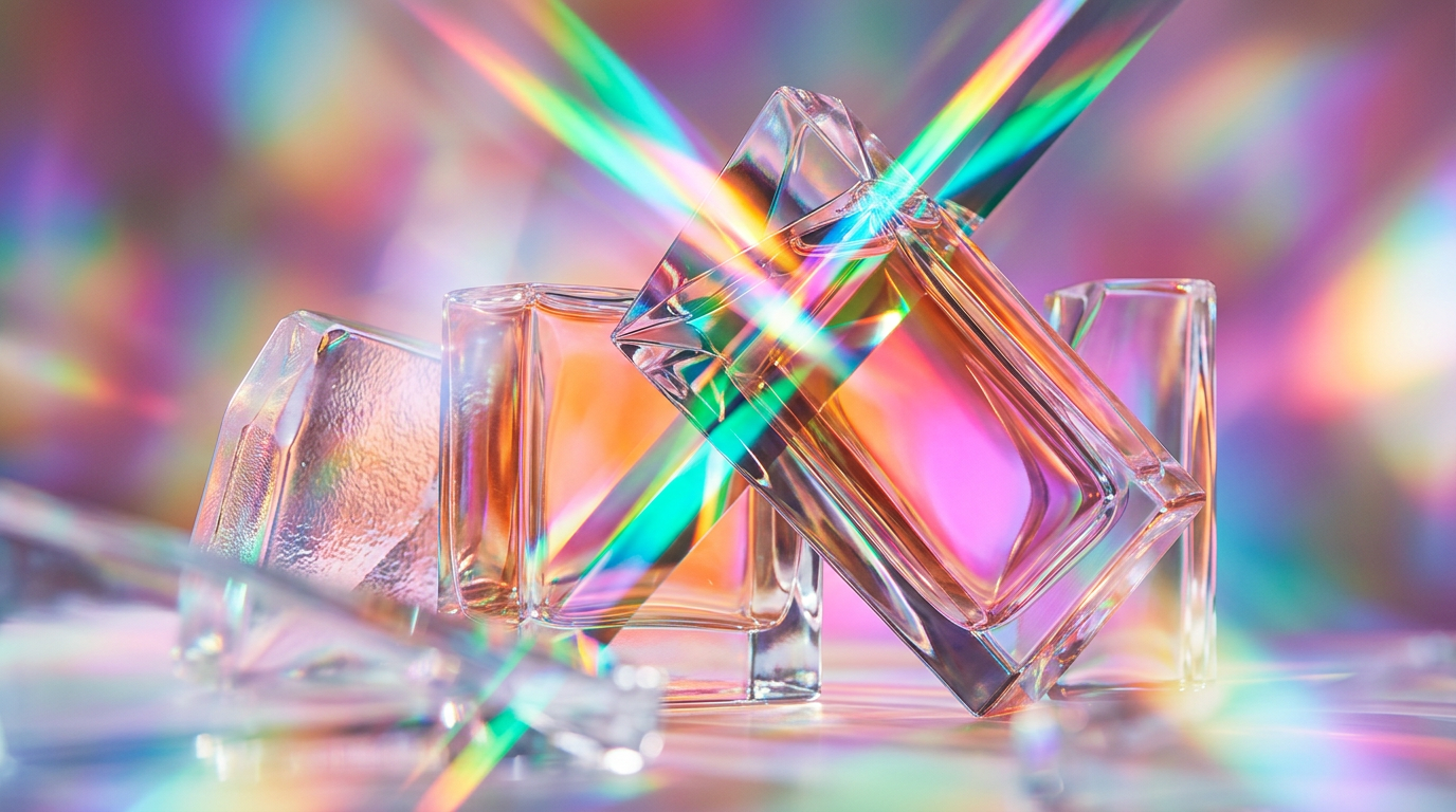 A minimalist glass bottle of fragrance reflecting clear light in a serene garden setting