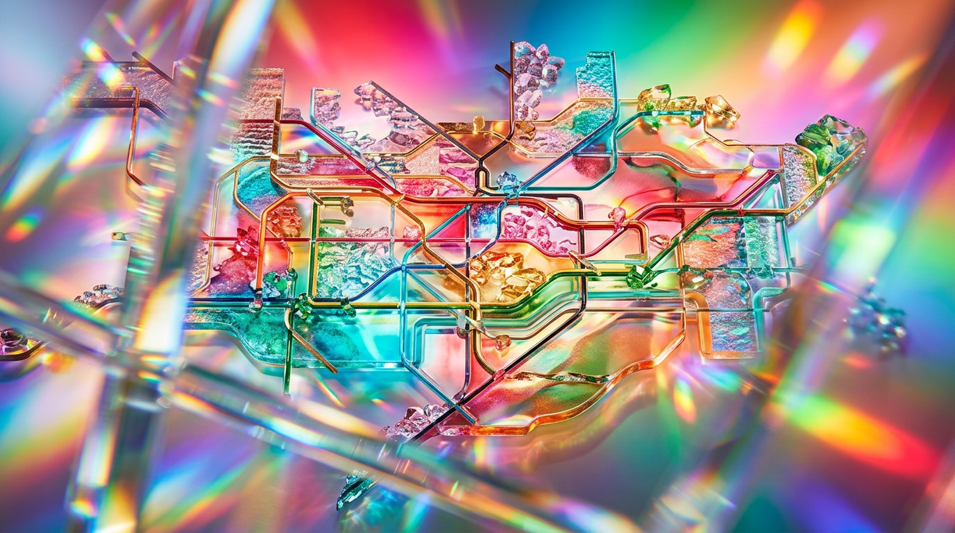 An artistic representation of a perfume map with botanical elements and fragrance bottles