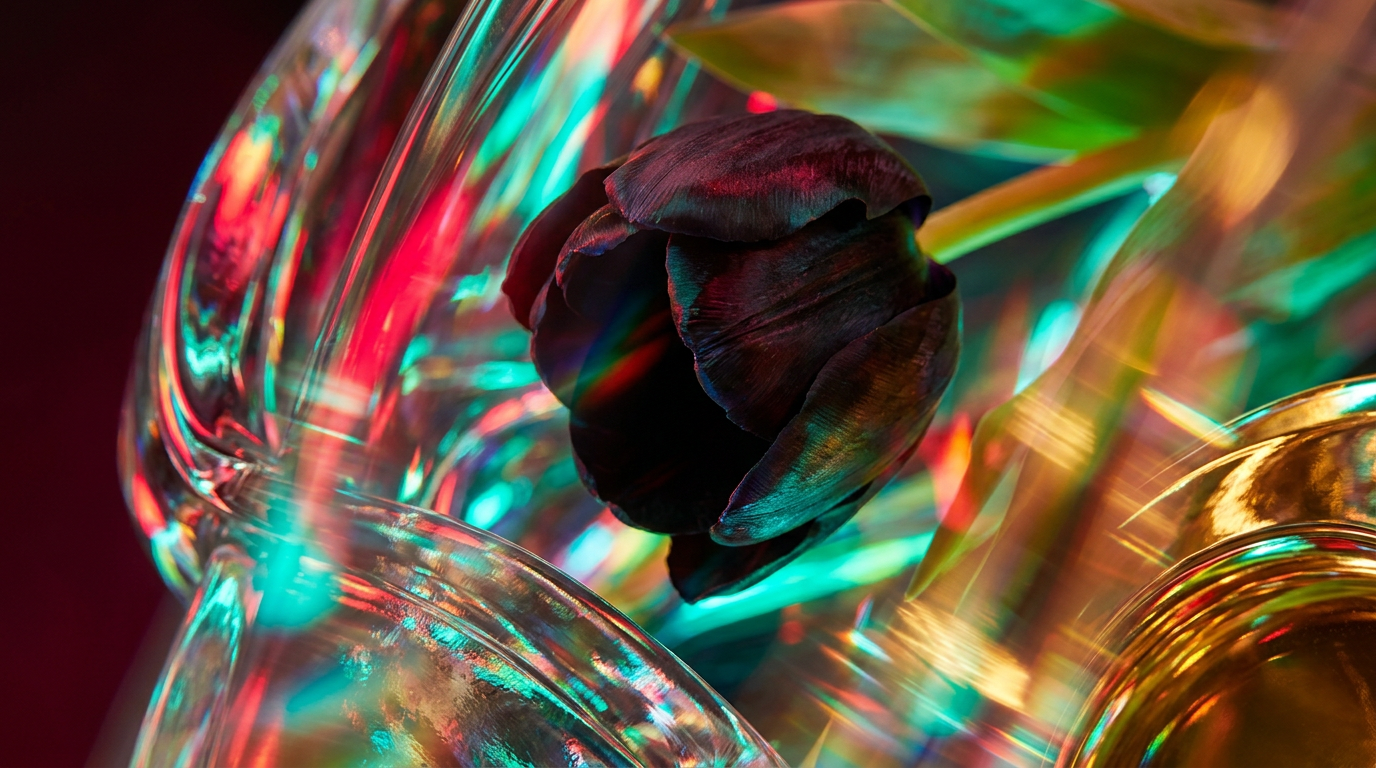 An elegant evening setting with a bottle of Black Tulip perfume