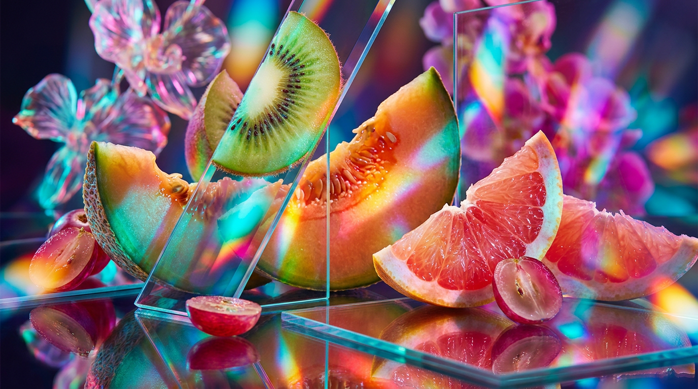 An elegant display of fruity floral ingredients featuring peaches, roses, and berries