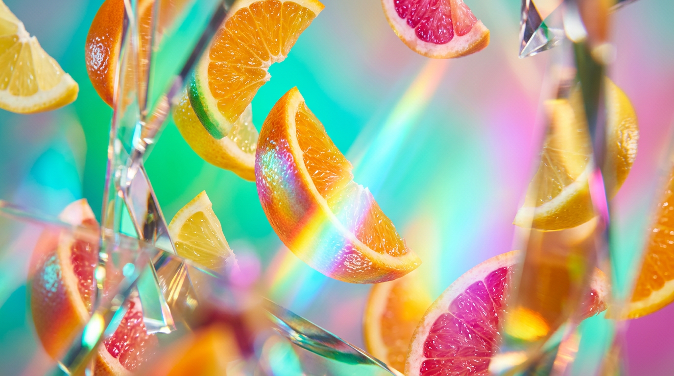 An uplifting display of citrus fruits and artisanal fragrance bottles in the morning light