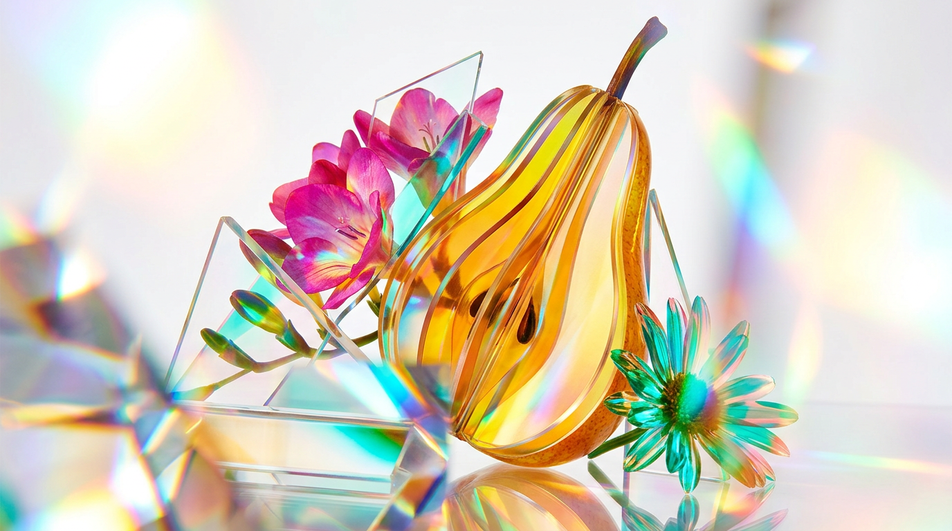 An aesthetic arrangement of ripe pears, white freesias, and wild green florals representing the contrast between Jo Malone and Marc Jacobs perfumes.