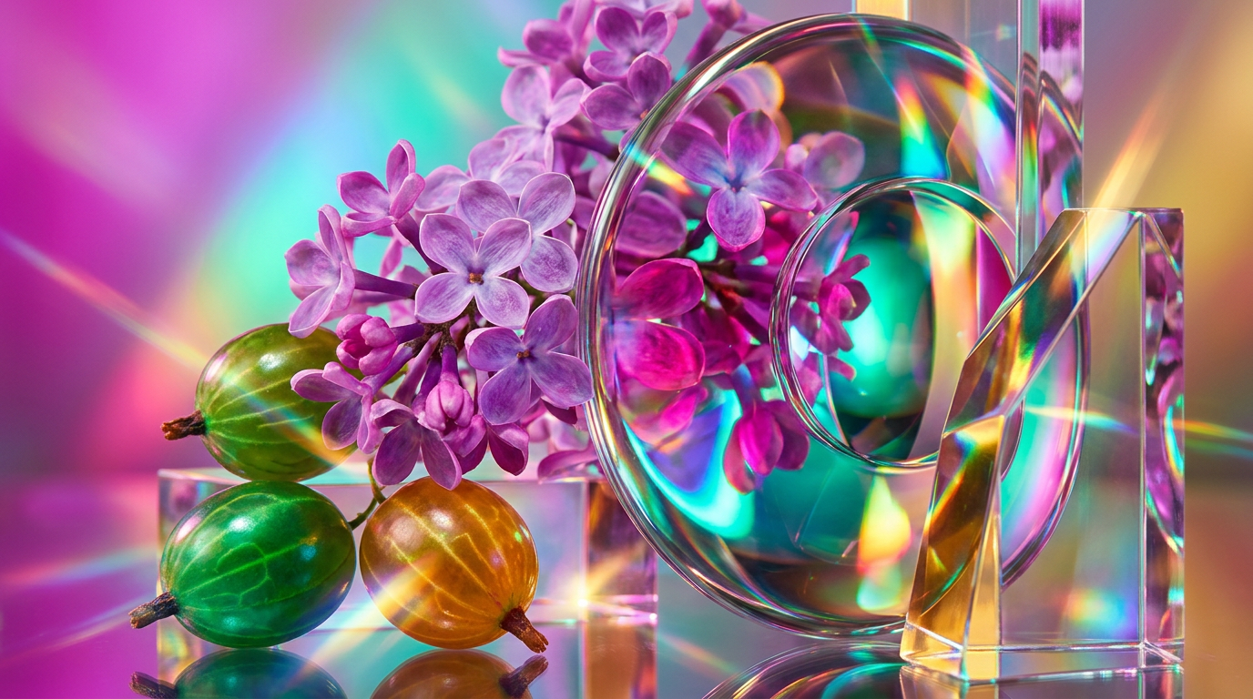 A dreamy arrangement of purple lilacs and tart green gooseberries