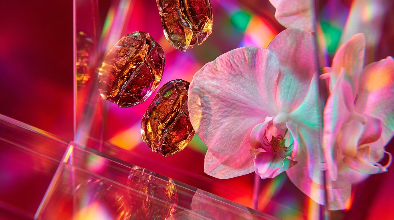 A bottle of White Orchid Espresso perfume on a marble vanity next to a cup of coffee and white orchids