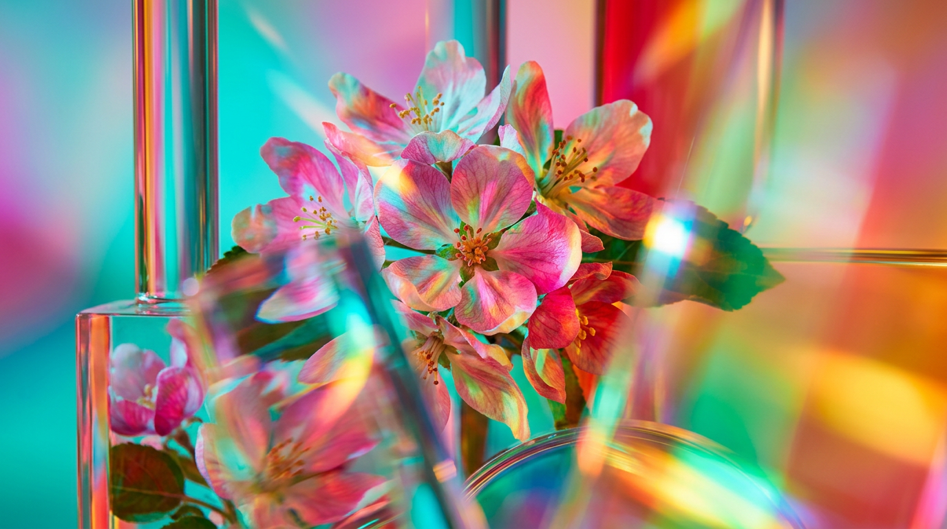 Melrose Apple Blossom fragrance bottle among fresh spring blossoms