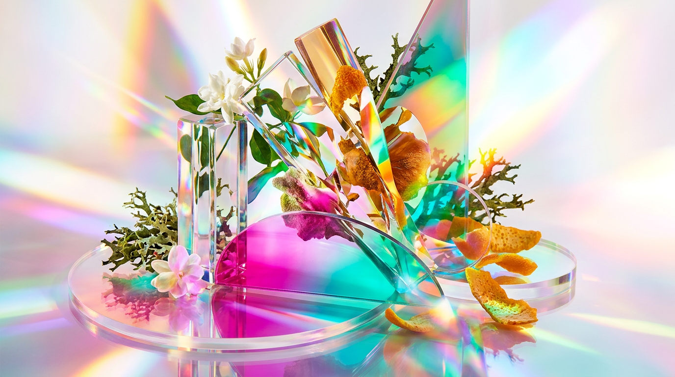 A collection of clean fragrance ingredients including orange blossom and fresh citrus