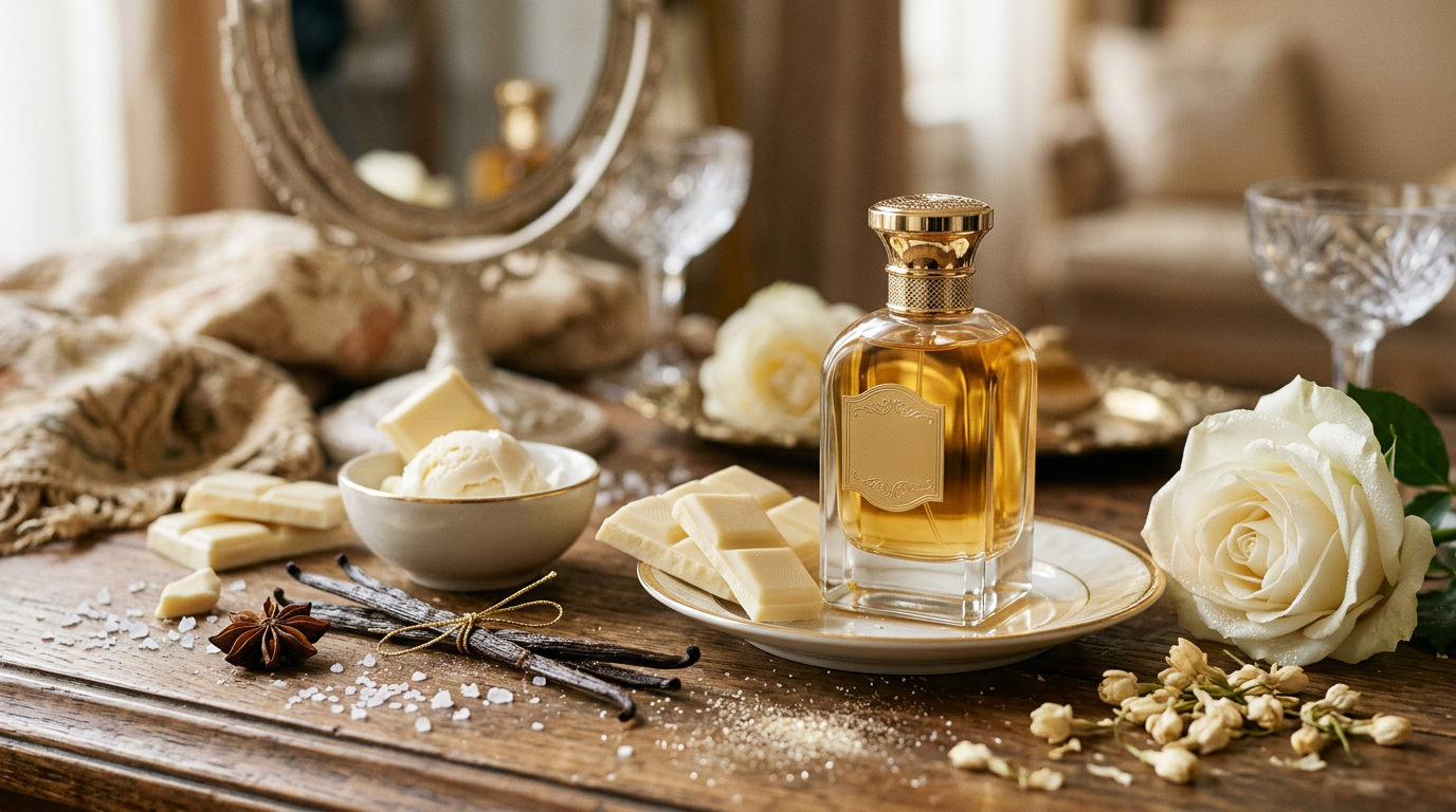 A decadent spread of white chocolate and botanical elements representing gourmand perfumery