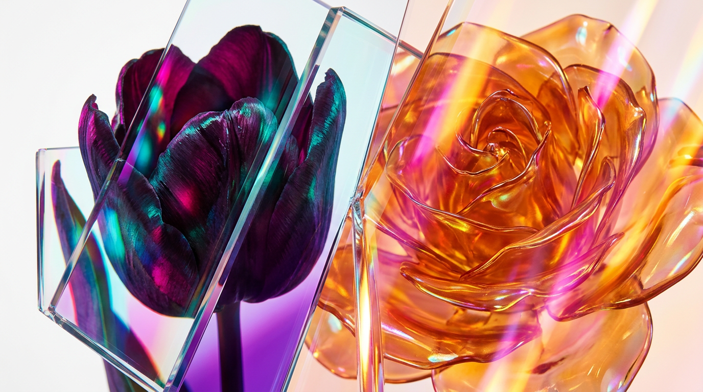 Luxury fragrance bottles of Black Tulip and Amber Rose in a botanical setting