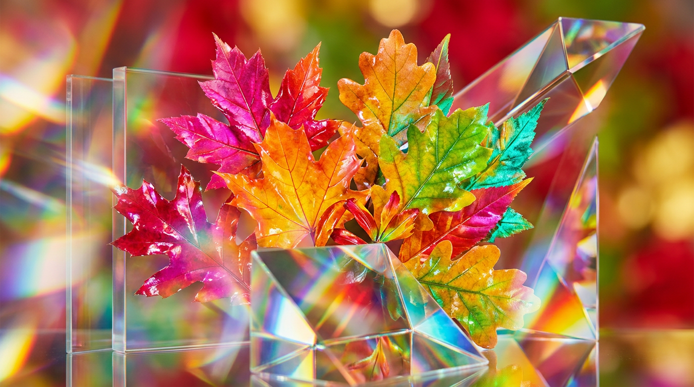 Autumn fragrance bottles on a rustic wooden table surrounded by fallen leaves