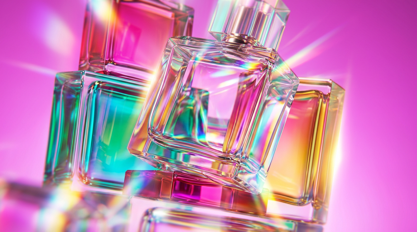 Elegant perfume bottles on a vanity representing the transition from day to night