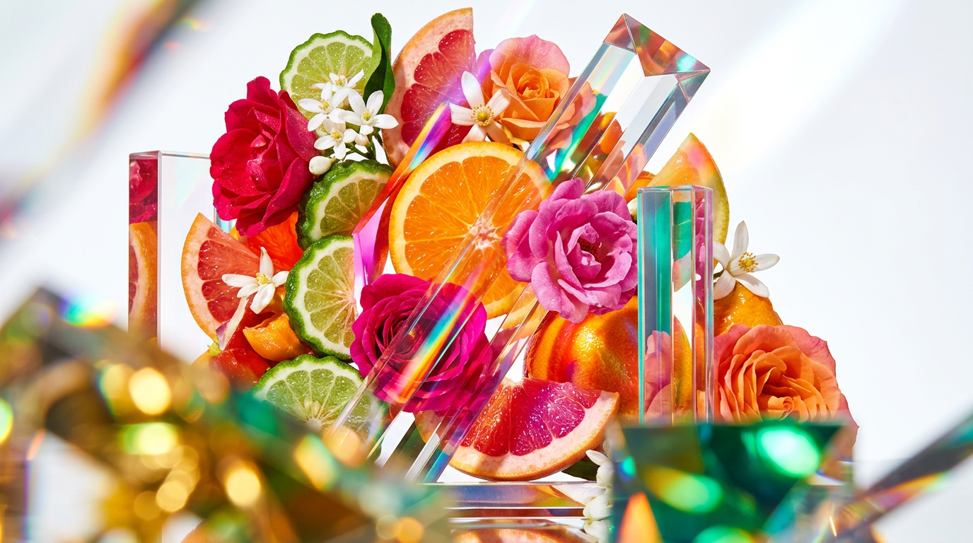A collection of citrus floral perfumes surrounded by fresh lemons and white flowers