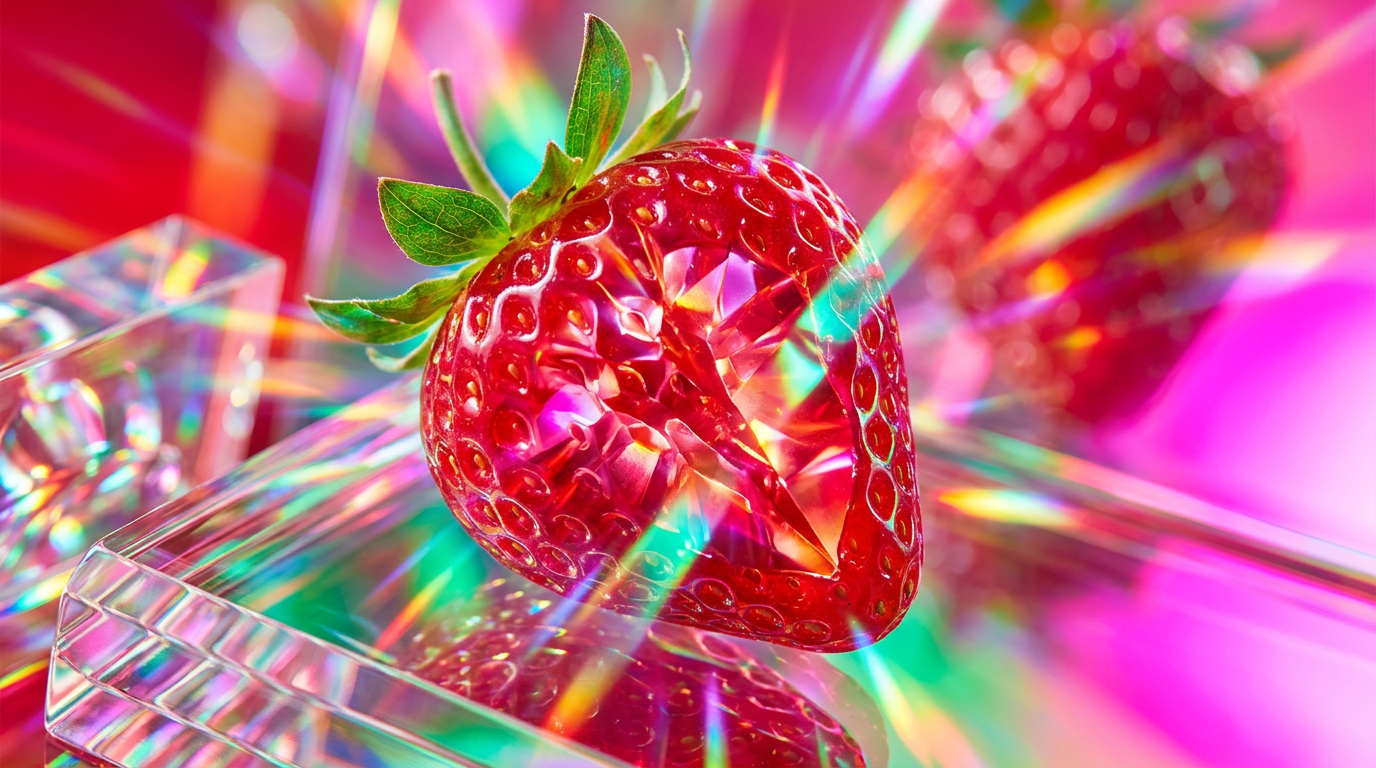 Fresh strawberries and luxury perfume bottles on a marble surface