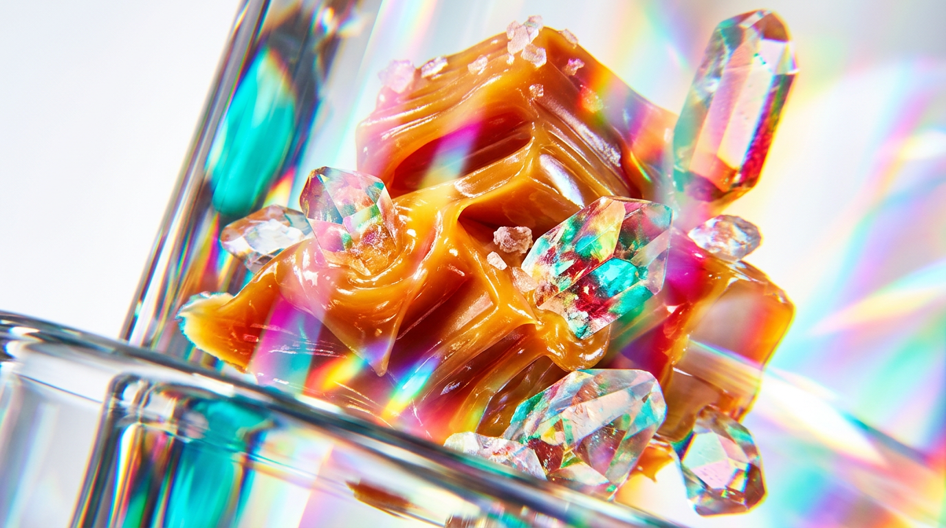 An aesthetic display of salt caramel and perfume ingredients on a dark background