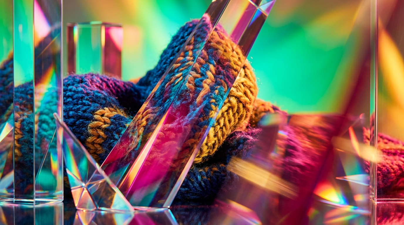 An aesthetic winter setting with a luxury perfume bottle, soft knits, and warm lighting