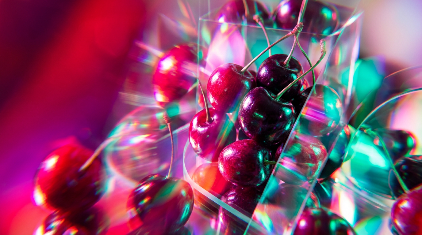 An artistic representation of dark cherries and deep amber light