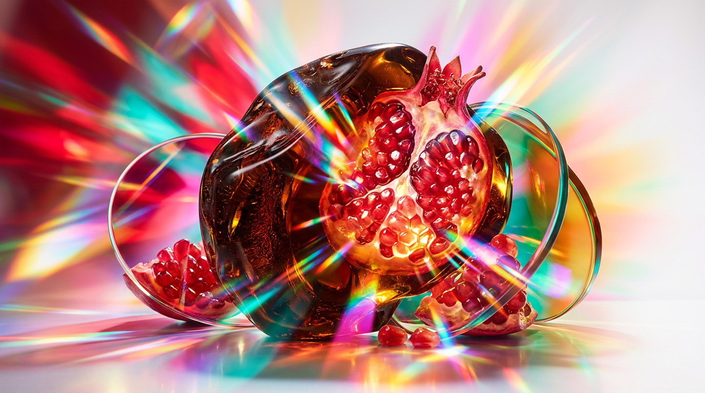 An atmospheric display of amber resin and fresh pomegranates in a moody setting