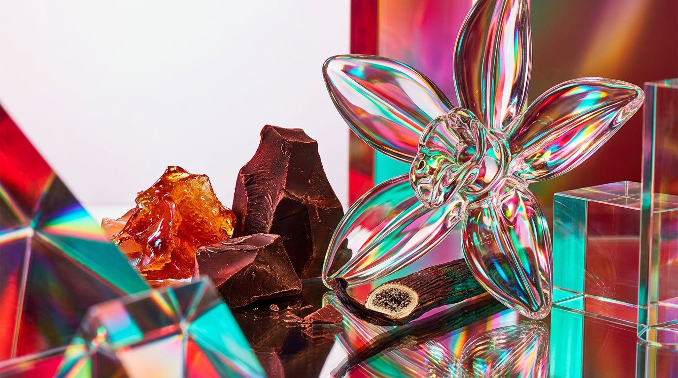 An array of decadent gourmand ingredients like coffee beans, chocolate, and citrus fruits