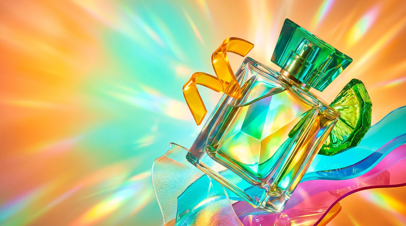 Summer fragrance flat lay with citrus and botanical elements