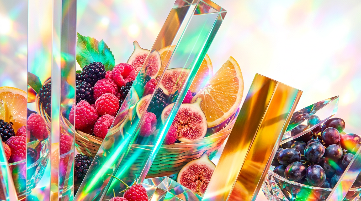 An artistic display of dark plums and citrus fruits representing fruity fragrance accords