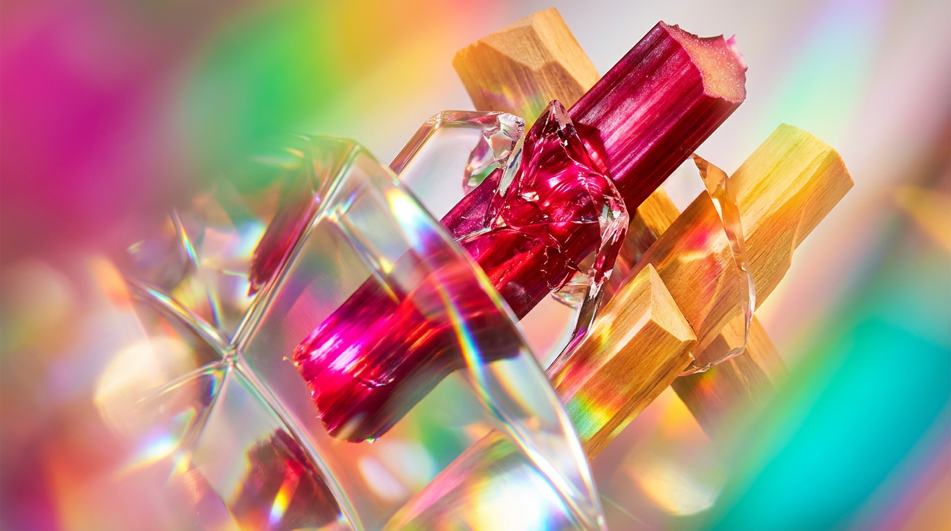 A conceptual artistic representation of rhubarb stalks and creamy sandalwood sticks representing a lactic fragrance profile