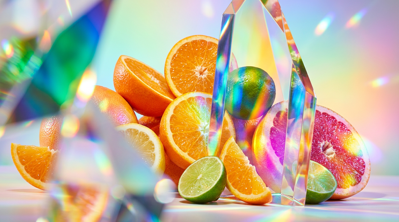 A bright citrus fragrance bottle among fresh oranges and summer sunlight