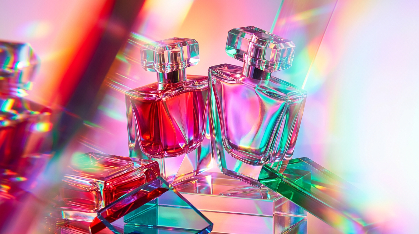 Romantic flatlay of Shay & Blue perfume bottles and rose petals