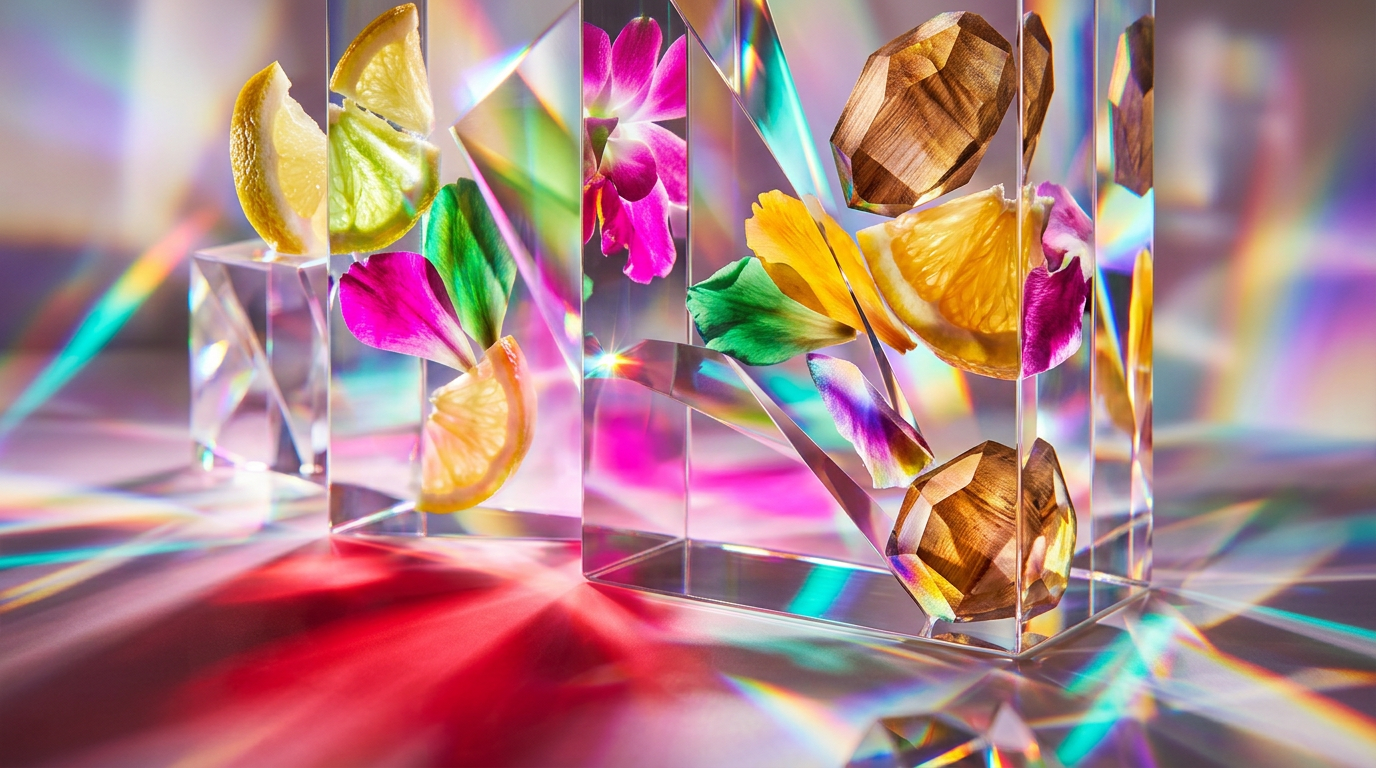 An array of boutique fragrance bottles and natural ingredients reflecting the complex world of perfume notes