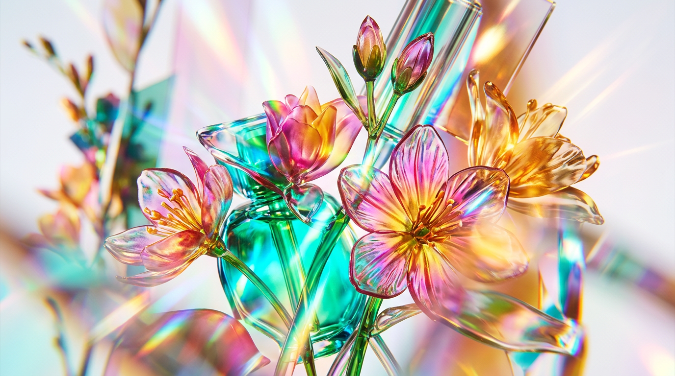 Fresh spring flowers and vibrant perfume bottles on a garden table