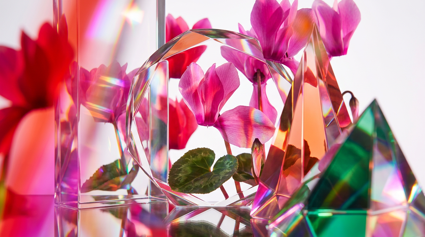 A beautiful arrangement of cyclamen flowers and luxury perfume bottles in a bright garden setting