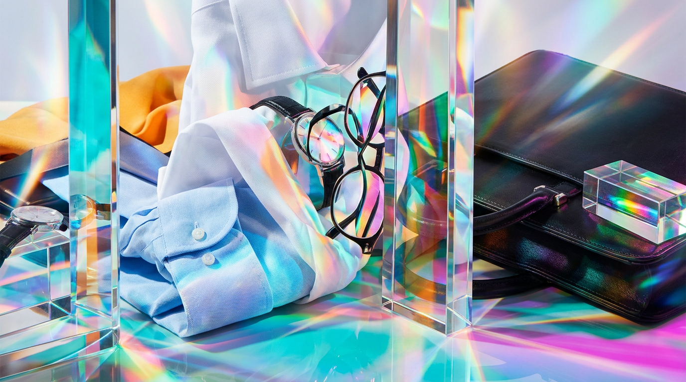 Elegant office setting with a bottle of perfume on a wooden desk