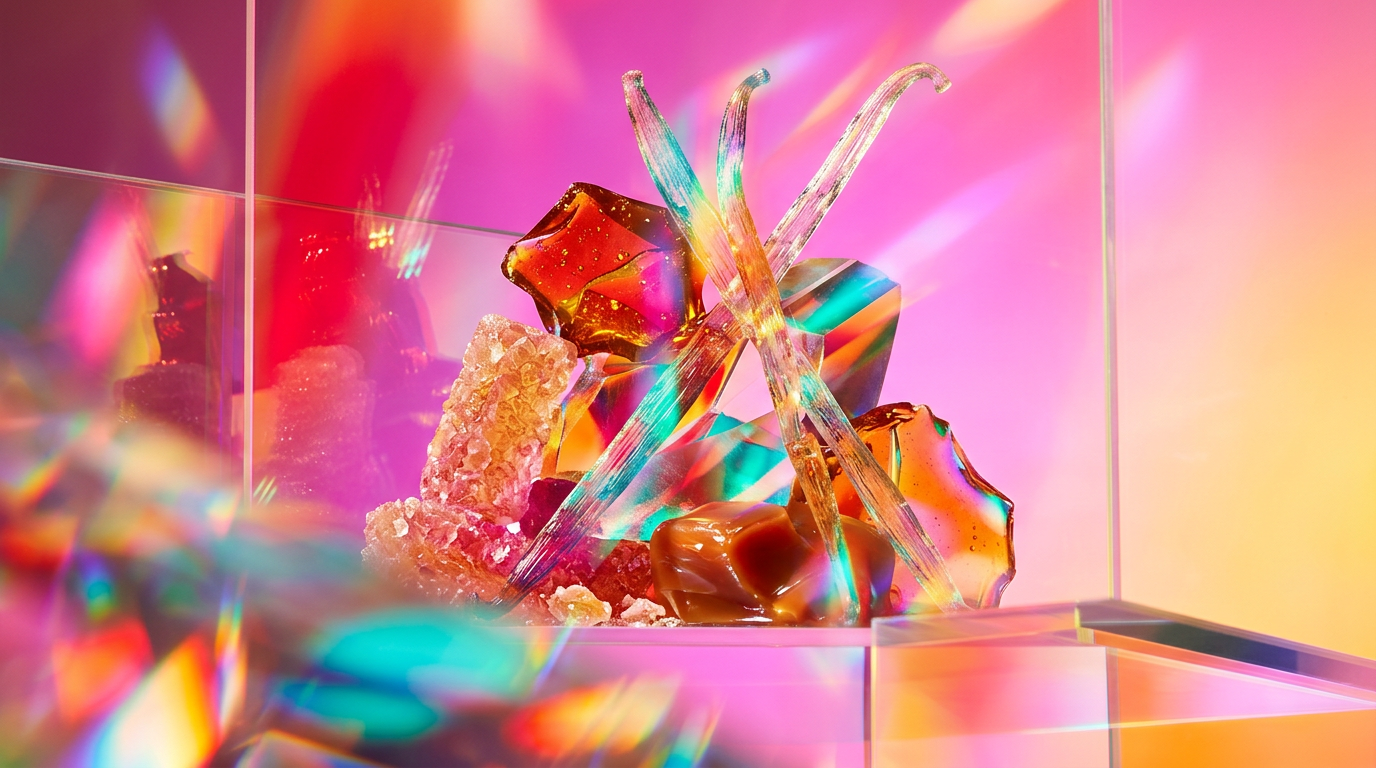 Artisanal gourmand perfume bottles and decadent edible ingredients