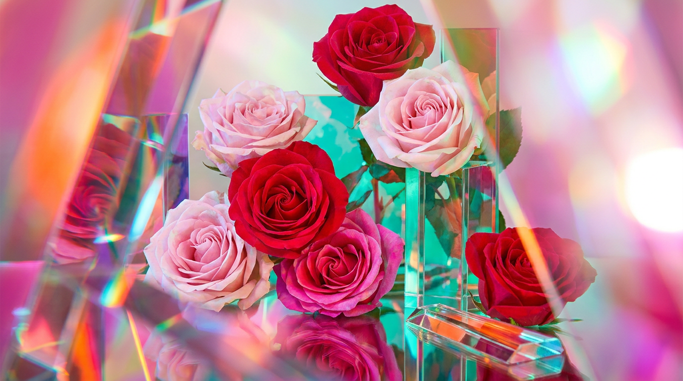 Luxury rose fragrances and botanical ingredients on a marble table