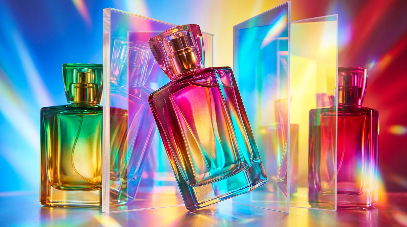 A tranquil setting with perfume bottles and natural elements representing self-care