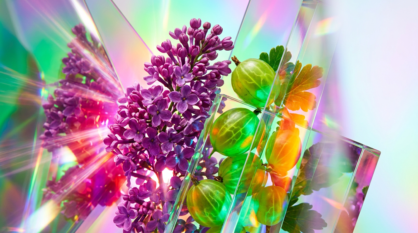 An artistic display of lilac flowers and gooseberries emphasizing fragrance layering
