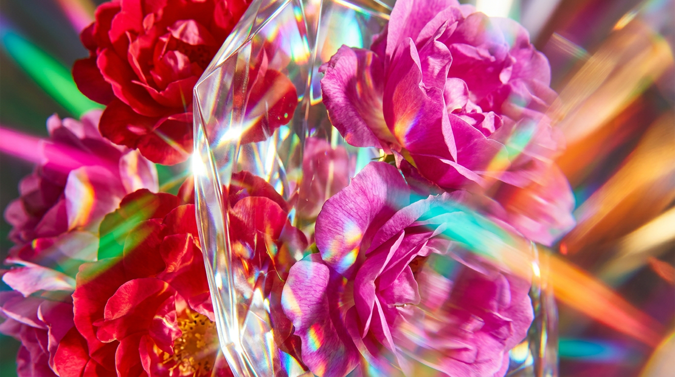 A collection of spring floral fragrances and fresh roses on a sunlit table