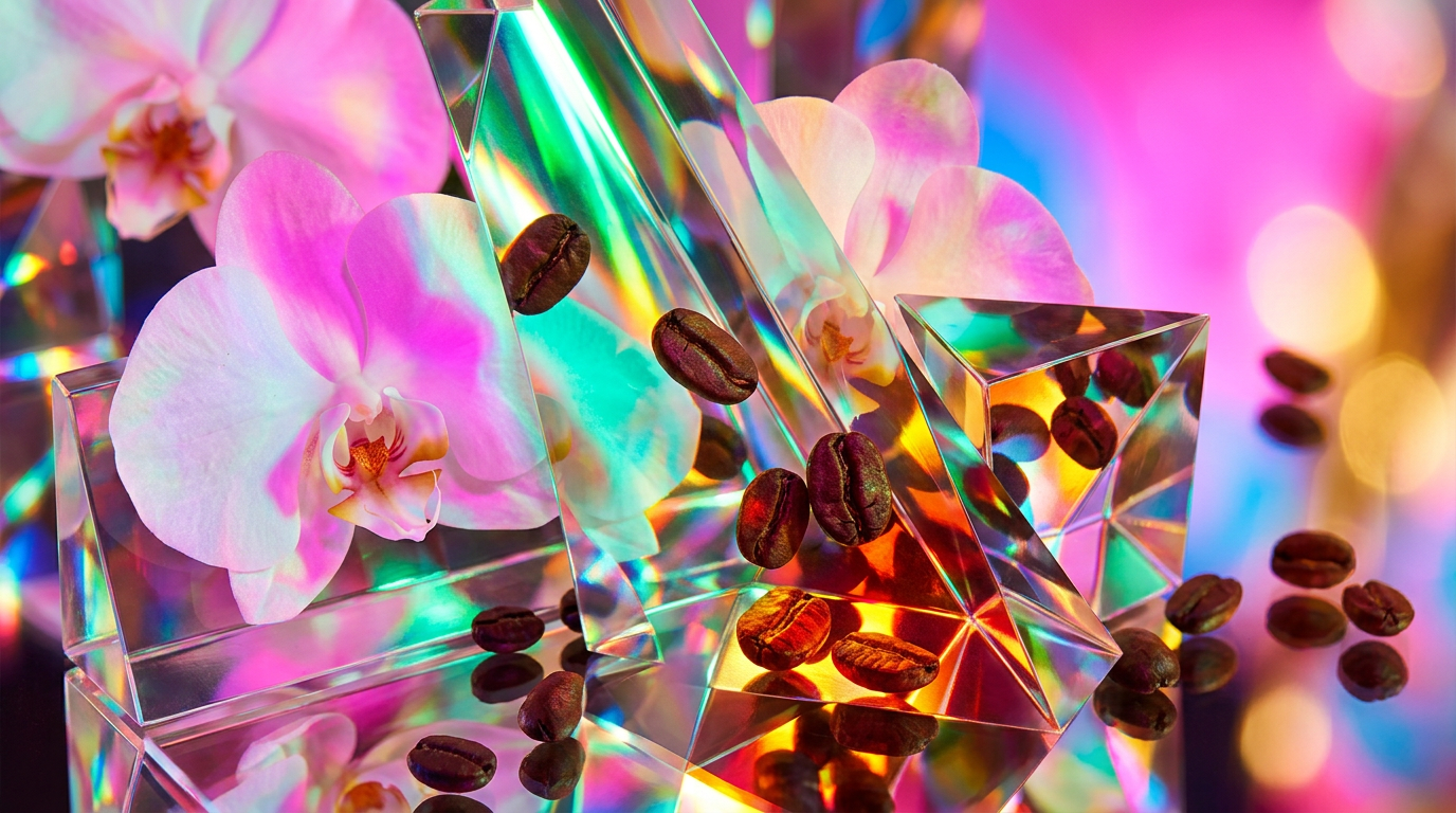 An elegant display of luxury perfume bottles and orchids on a dark marble surface