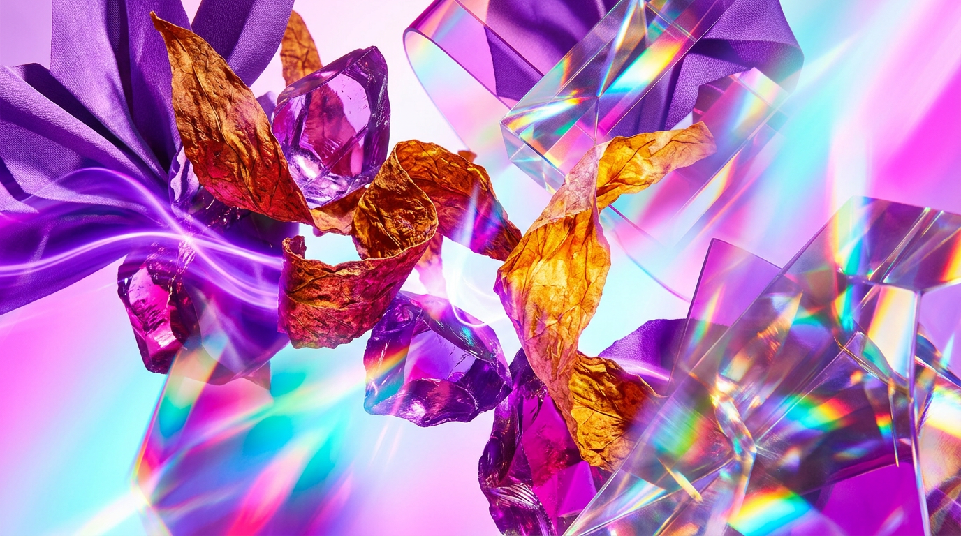 An atmospheric setting featuring Violet Tabac, tobacco leaves, and violet petals