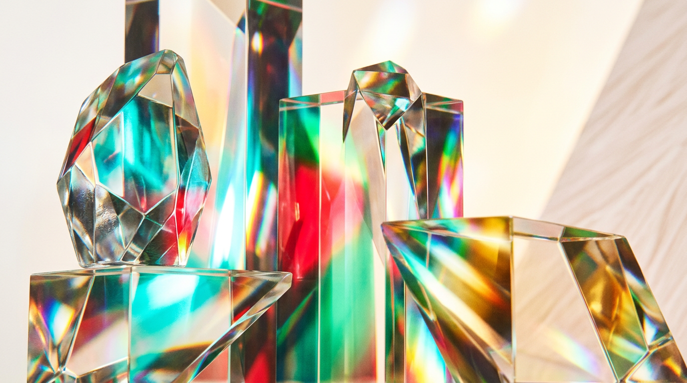 A collection of transparent and airy perfume bottles on a reflecting surface