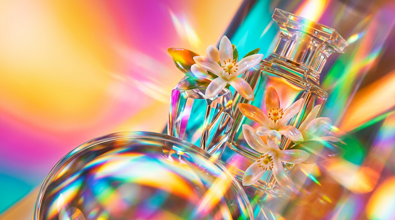 Luxury neroli perfume bottles on a marble surface with orange blossoms